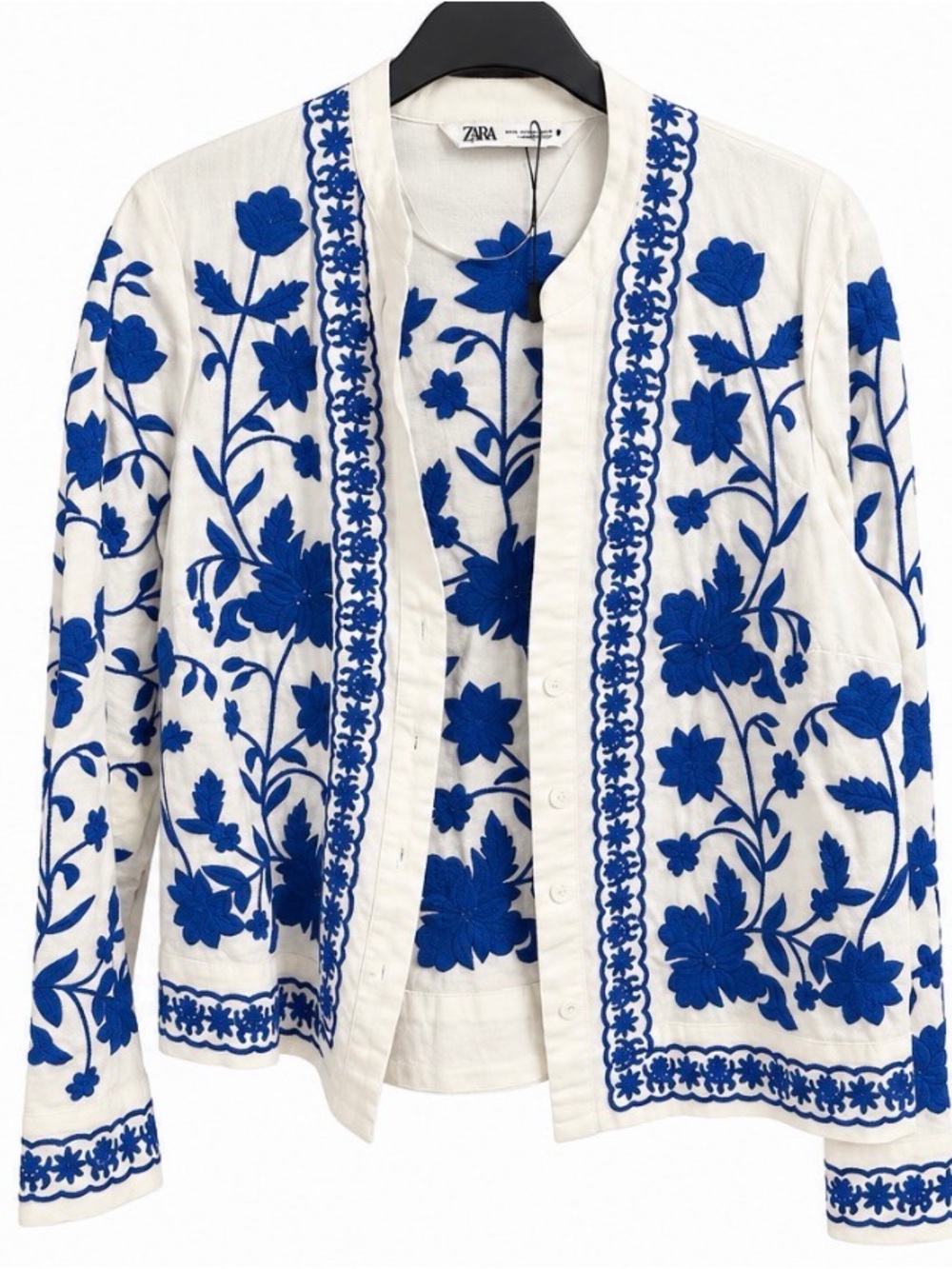 Zara White Cardigan with Cobalt Blue Floral Embroidery